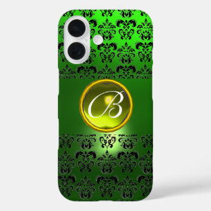 Coque Pour iPhone 16 DAMASK GEM MONOGRAS Jaune vert