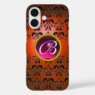 Coques iPhone 16 DAMASK GEM MONOGRAS orange noir rose