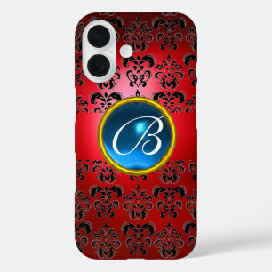 Coque Pour iPhone 16 DAMASK GEM MONOGRAS rouge noir bleu