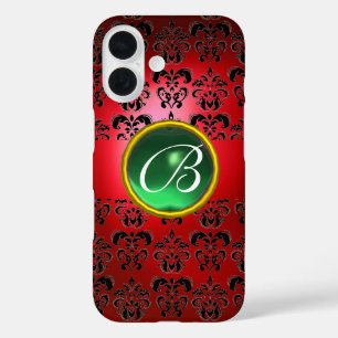 Coques iPhone 16 DAMASK GEM MONOGRAS rouge noir vert