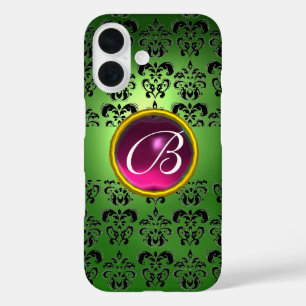 Coques iPhone 16 DAMASK GEM MONOGRAS vert noir rose