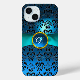 Coque Pour iPhone 15 DAMASK GIRLY MONOGRAM ruban bleu