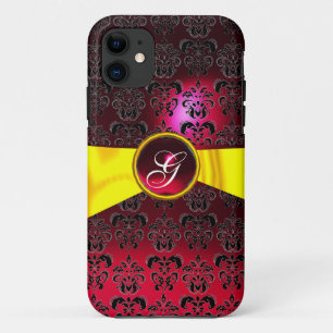 Coques Pour iPhone DAMASK MONOGRAMME MONOGRAMME rouge or jaune ruban