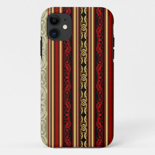 Coque iPhone 11 Damask Red Gold Black Stripes