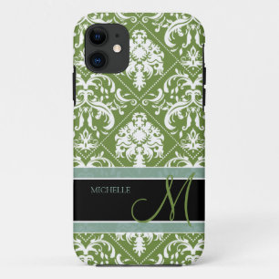 Coques Pour iPhone Damassé assez foncée de vert olive et de blanc