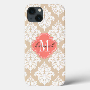 Coques Pour iPhone Damassé beige de toile élégante personnalisée