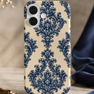 Coque Pour iPhone 16 Damassé bleu et blanc