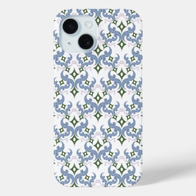 Coques Case-Mate iPhone damassé bleu et vert ornement pointillisme (Verso)