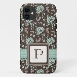 Coque iPhone 11 Damassé Brown décorée d'un monogramme de Teal