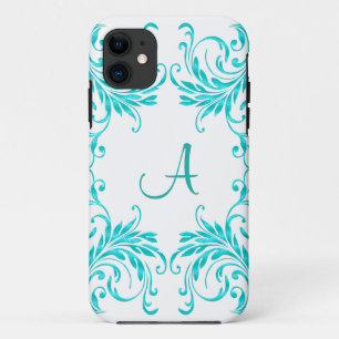 Coques Pour iPhone Damassé de bleu d'Aqua de monogramme