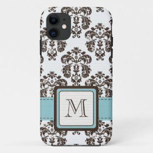 Coque Case-Mate Pour iPhone Damassé décorée d'un monogramme de brun bleu