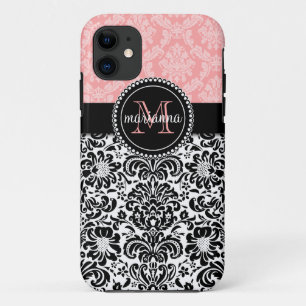 Coque Case-Mate Pour iPhone Damassé élégante de noir de roses pâles de Par