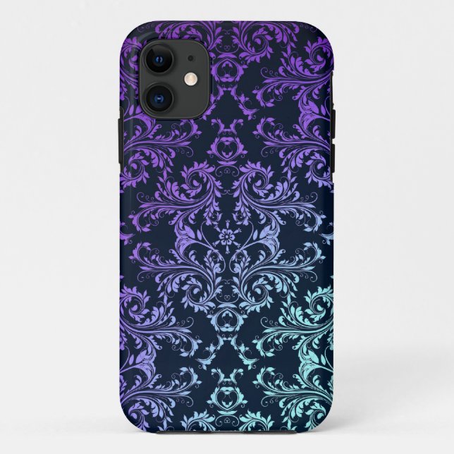 Coques Case-Mate iPhone Damassé Fantaisie Bleu sarcelle Violet Noir (Dos)