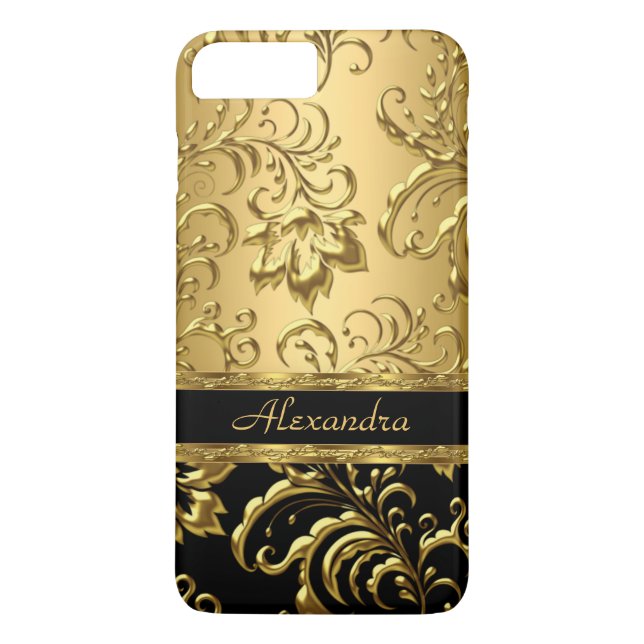 Coques Case-Mate iPhone Damassé floral élégant noir et or 3 (Dos)