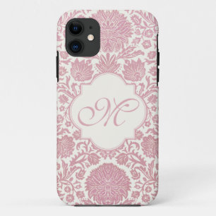 Coque iPhone 11 Damassé florale rose décorée d'un monogramme