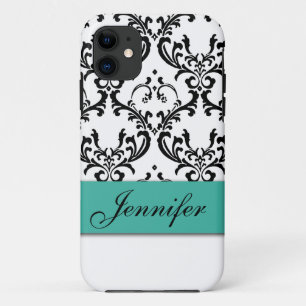 ETUI iPhone Case-Mate DAMASSÉ GIRLY DE NOIR DE TURQUOISE VOTRE NOM