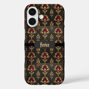 Coque Pour iPhone 16 Damassé gothique or rouge et noir