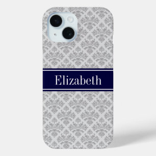 Coque Case-Mate iPhone Damassé gris sur gris #3 Monogramme bleu marine