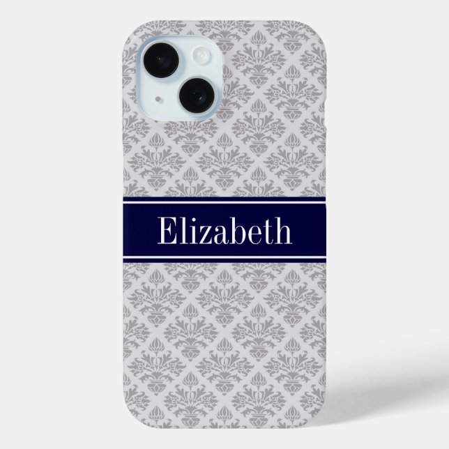 Coques Case-Mate iPhone Damassé gris sur gris #3 Monogramme bleu marine (Verso)