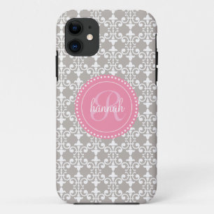 Coque Case-Mate Pour iPhone Damassé grise et rose moderne personnalisée