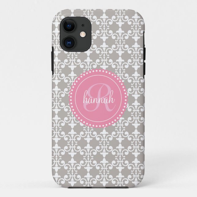 Coques Case-Mate iPhone Damassé grise et rose moderne personnalisée (Dos)