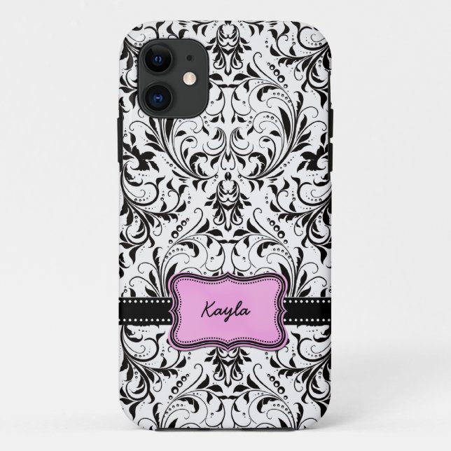 Coques Case-Mate iPhone Damassé noire et blanche personnalisée (Dos)