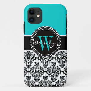 Coque iPhone 11 Damassé noire turquoise personnalisée d'Aqua