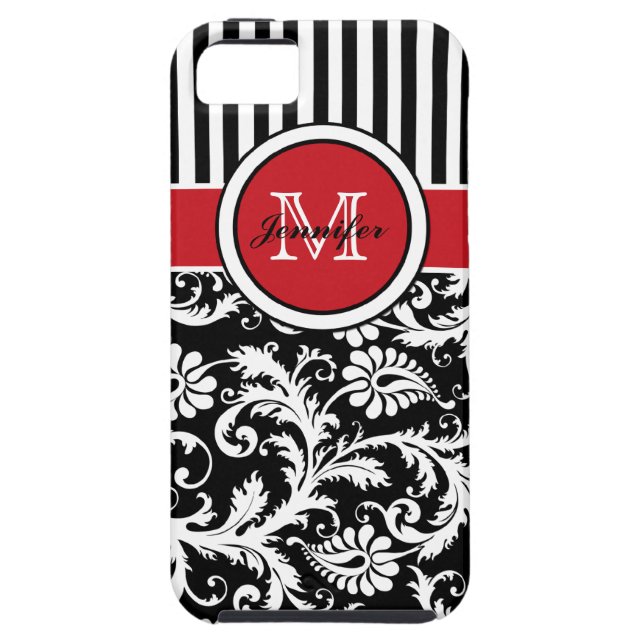 Coques Case-Mate iPhone Damassé rayée blanche noire rouge de monogramme (Dos)