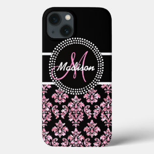 COQUE Case-Mate iPhone DAMASSÉ ROSE DE NOIR DE PARTIES SCINTILLANTES