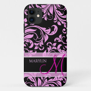 Coques Pour iPhone Damassé rose et noire élégante avec le monogram