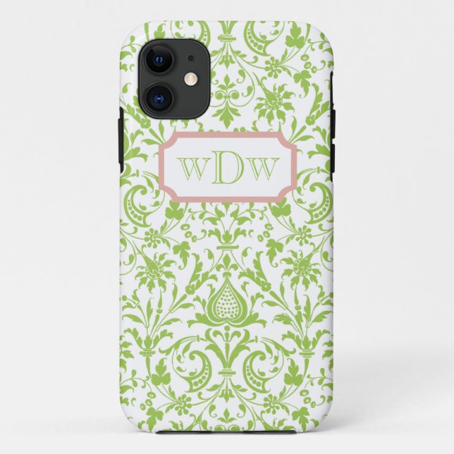 Coques Case-Mate iPhone Damassé verte et blanche moderne et cadre rose (Dos)