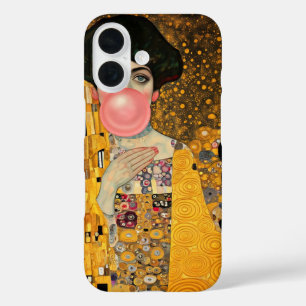 Coque Pour iPhone 16 Dame au Bubble Gum Rose avec Chat Noir Gustav Klim