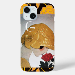 COQUE POUR iPhone 15 DAME AU MONOGRAMME DE ROSE ROUGE