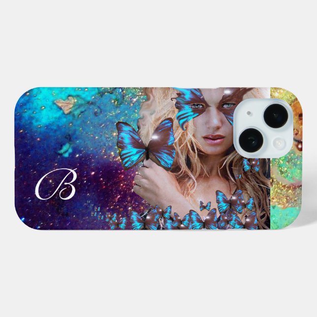 COQUES Case-Mate iPhone DAME BLEUE BOUTTERFLY, MONOGRAMME TURQUOISE OR SPA (Verso (horizontal))