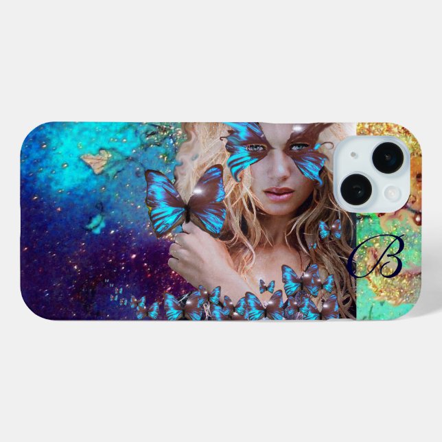 COQUES Case-Mate iPhone DAME BLEUE BOUTTERFLY, MONOGRAMME TURQUOISE OR SPA (Verso (horizontal))