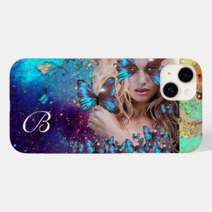 COQUE POUR iPhone 14 PLUS DAME BLEUE BOUTTERFLY, MONOGRAMME TURQUOISE OR SPA