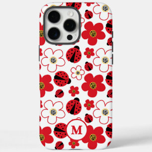 Coque iPhone 16 Pro Max Dame coccinelle rouge et blanche à motif floral et