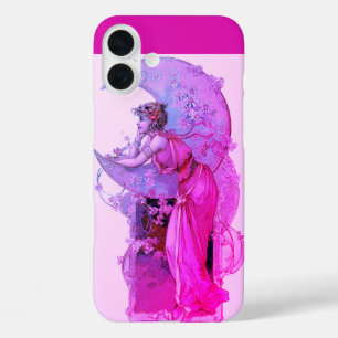 COQUES iPhone 16 PLUS DAME DE LA LUNE AVEC FLEURS EN FUCHSIE ROSE
