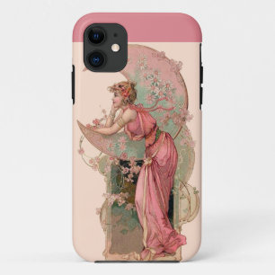 COQUES POUR iPhone DAME DE LA LUNE AVEC FLEURS EN ROSE