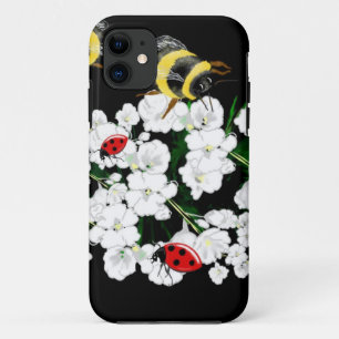 Coque iPhone 11 Dames abeilles dramatiques et fleurs blanches sur 