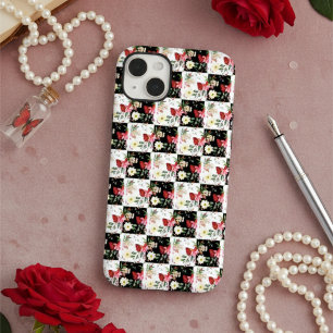 Coque Case-Mate iPhone damier noir et blanc chic fleurs roses