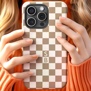 Coque Case-Mate iPhone Damier personnalisé blanc et mocha avec monogramme
