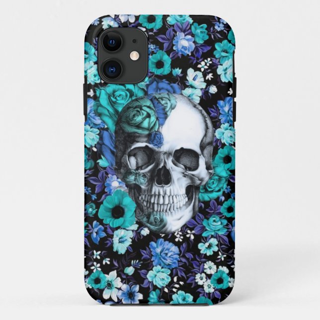Coques Case-Mate iPhone Dans le crâne floral bleu de fleur (Dos)