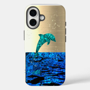 Coque Pour iPhone 16 Dauphin dans la mer, scintillant, monogrammé 