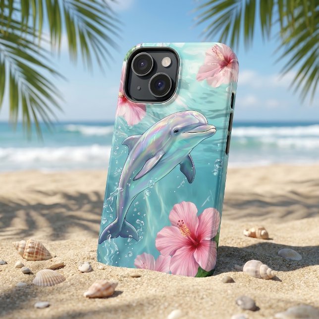 Coques Case-Mate iPhone Dauphin iridescent et hibiscus rose Océan tropical (Créateur téléchargé)