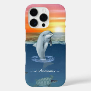 Coque iPhone 16 Pro Dauphin Moderne Chic, Tortues & Écriture sur l'Océ