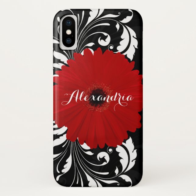 Coques Case-Mate iPhone De Gerbera de marguerite monogramme rouge lumineux (Dos)