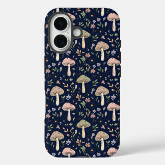 Coque Pour iPhone 16 Deep Navy Fungi Seamless Pattern Dark Academia