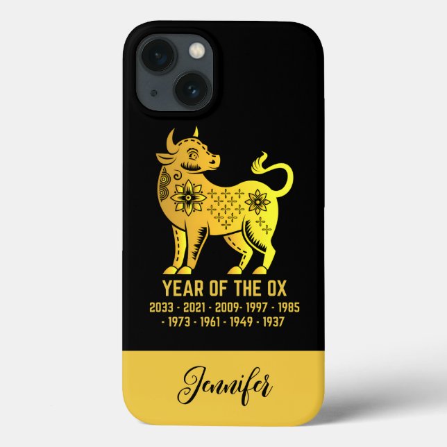 Coques Case-Mate iPhone Dégradé Or Année Du Zodiaque Ox Nom Noir (Verso)