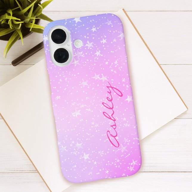 Coques Case-Mate iPhone Dégradé violet et rose, étoiles blanches et nom en (Créateur téléchargé)